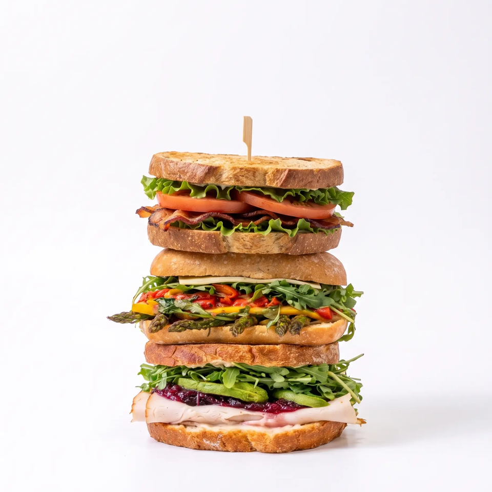 Tall stack of three gourmet sandwiches with bacon, lettuce, tomatoes, vegetables, asparagus, turkey, and cranberry filling on white background.