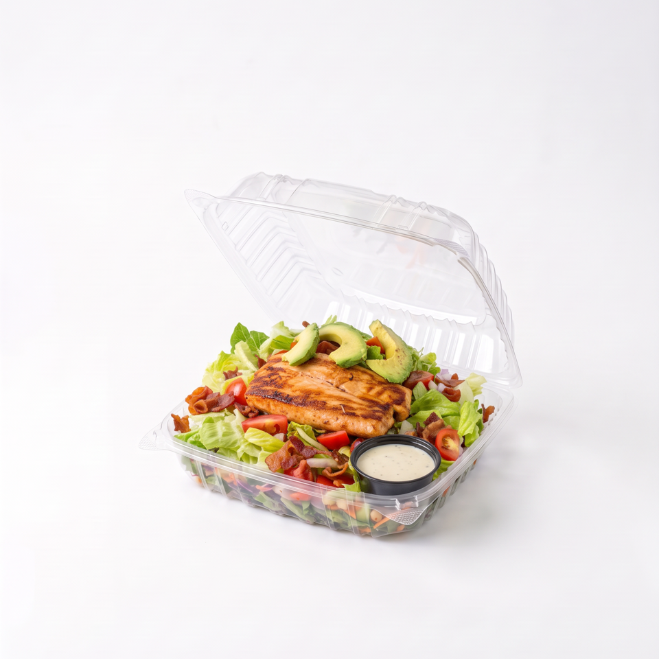 Grilled chicken salad with avocado, lettuce, tomatoes, bacon, and creamy dressing in an open clear takeout container.