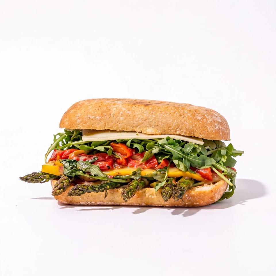Gourmet sandwich filled with grilled asparagus, roasted peppers, leafy greens, melted cheese, and herbs on a white background.