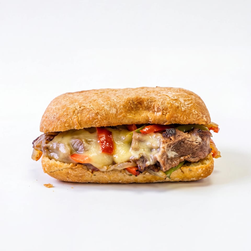 Toasted sandwich stuffed with sliced steak, melted cheese, mushrooms, and colorful peppers on a white background.