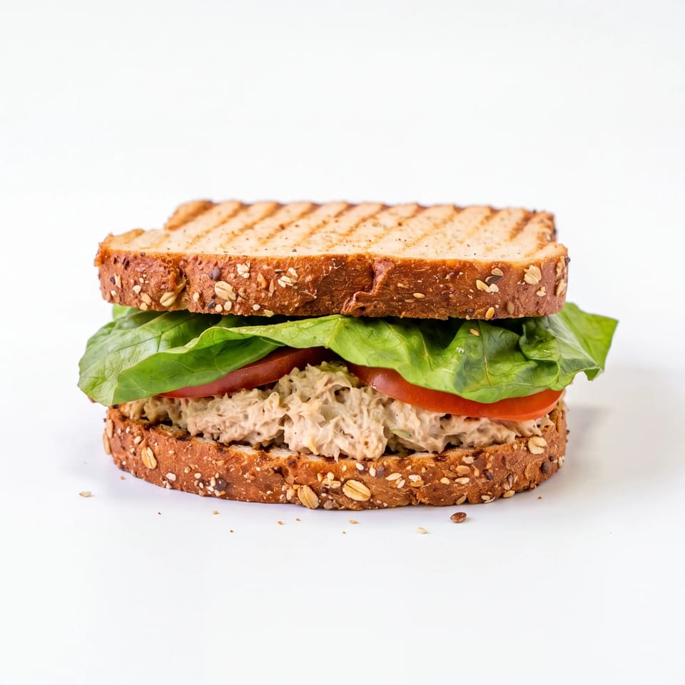 Tuna salad sandwich on seeded grilled bread with leafy lettuce and sliced tomatoes.