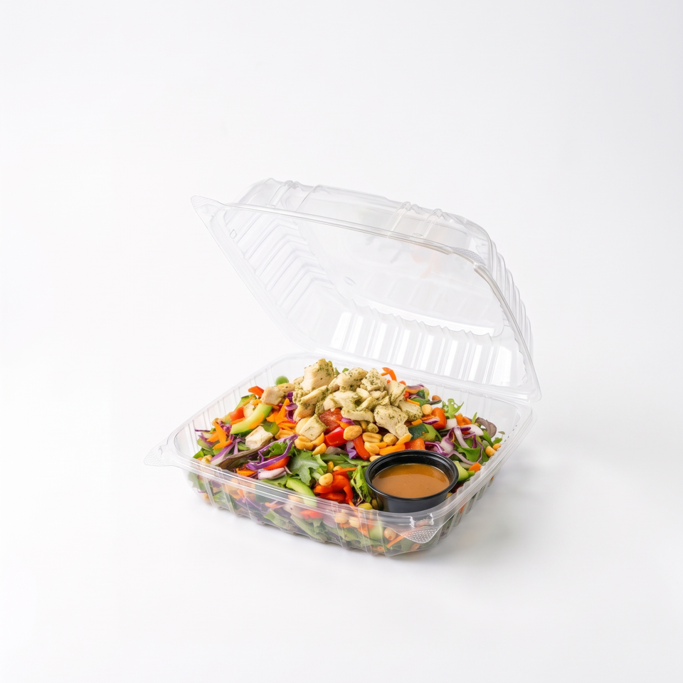 Colorful salad with grilled chicken, vegetables, corn, and dressing in an open clear takeaway container.