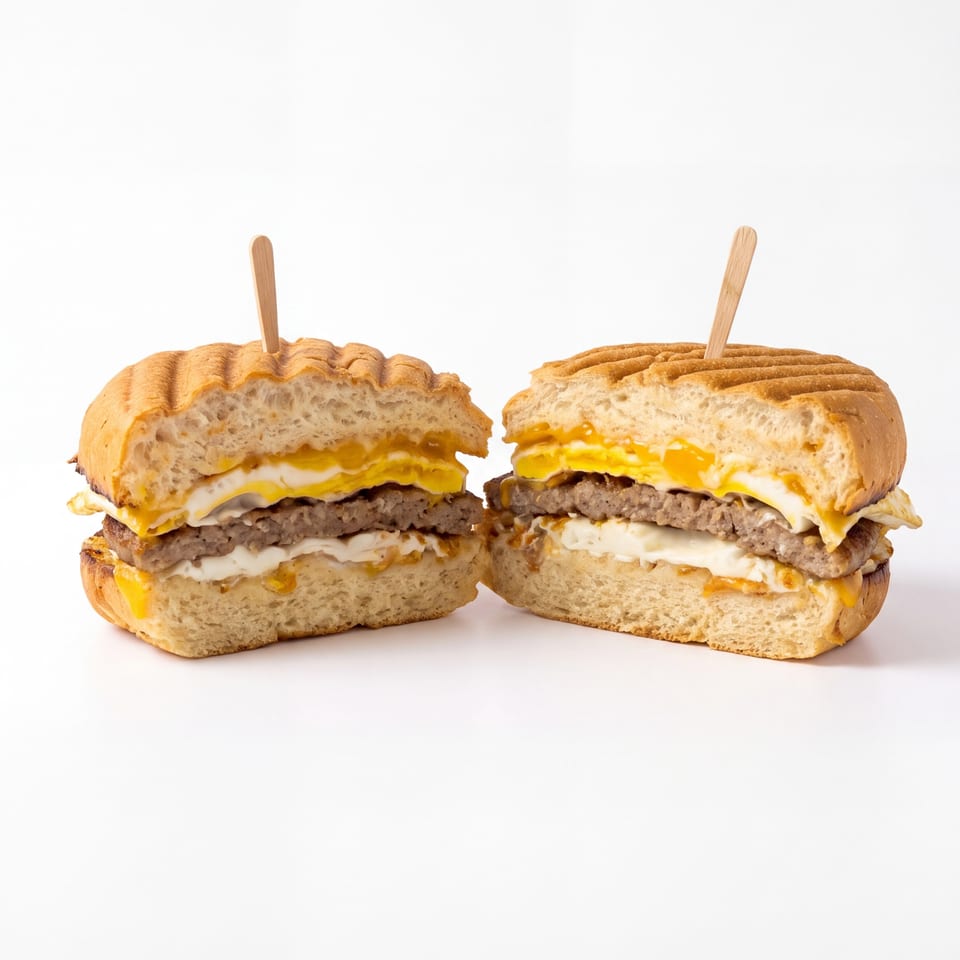 Two halves of a toasted cheeseburger with beef patties, fried eggs, melted cheese, and wooden picks on a white background.