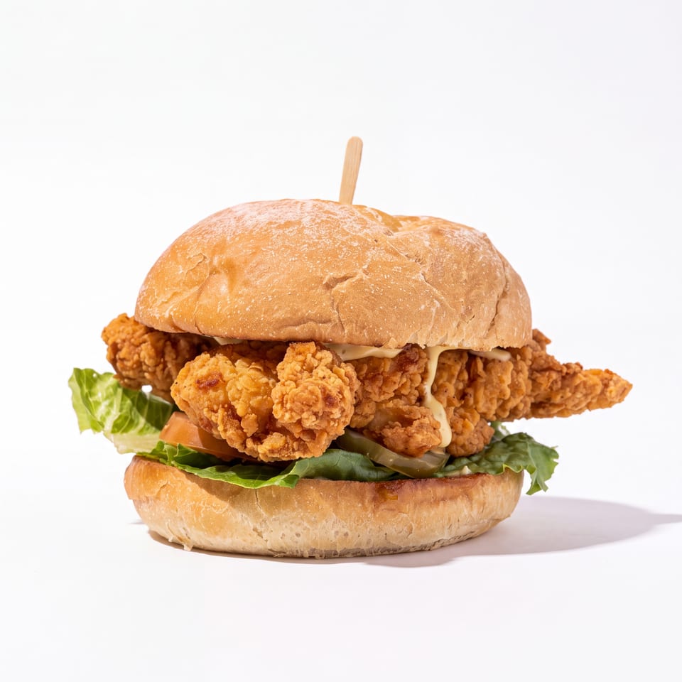 Crispy fried chicken sandwich with lettuce, sauce, and a toasted bun on a white background.