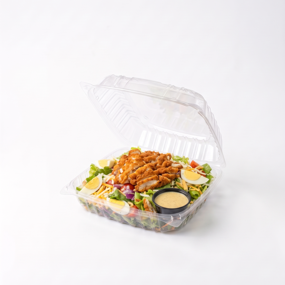 Crispy chicken salad with lettuce, vegetables, cheese, and eggs in a clear takeout container with dressing.