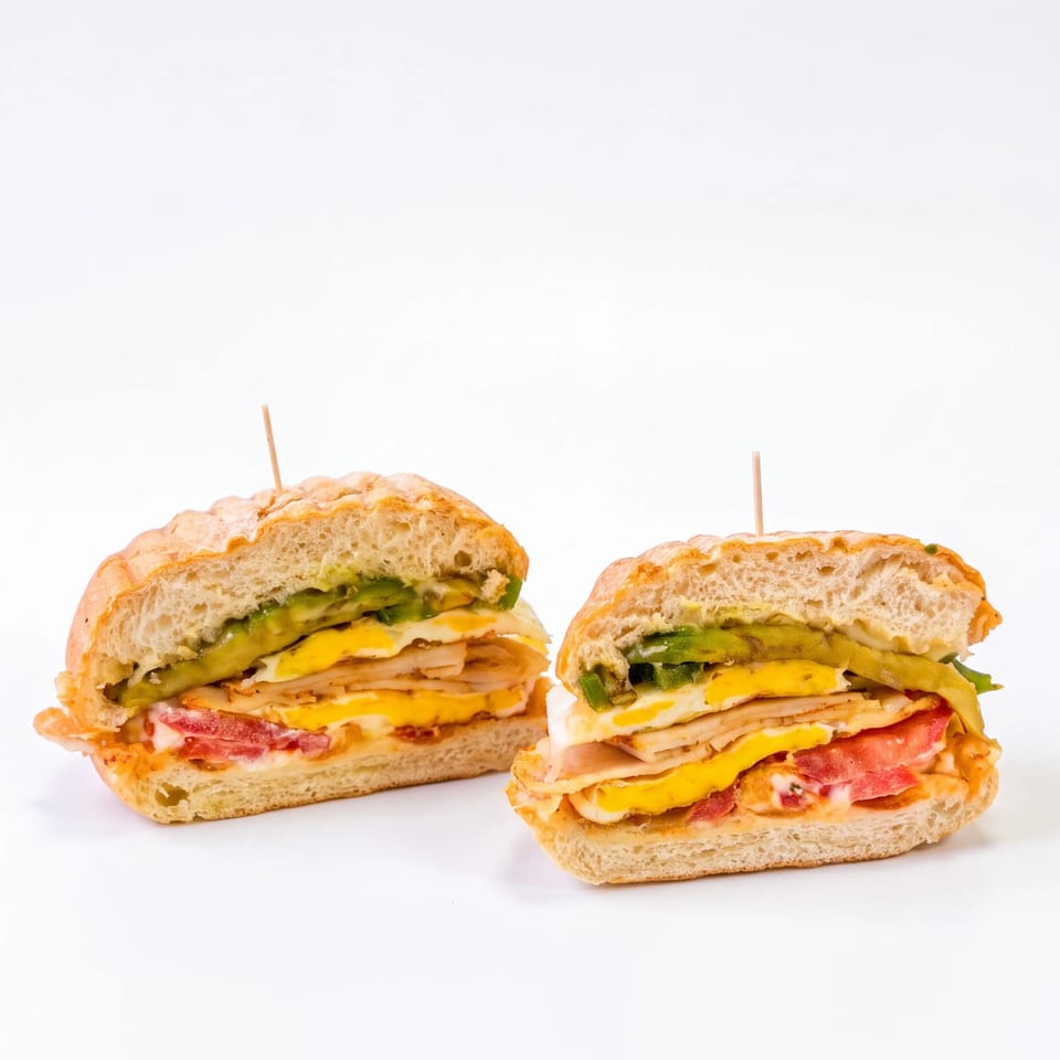 Two halves of a toasted sandwich with turkey, melted cheese, avocado, lettuce, and tomato on a white background.