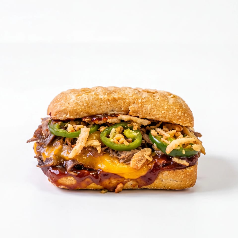 Loaded barbecue sandwich on a toasted roll with melted cheddar, pulled meat, jalapeños, and crispy fried onions.