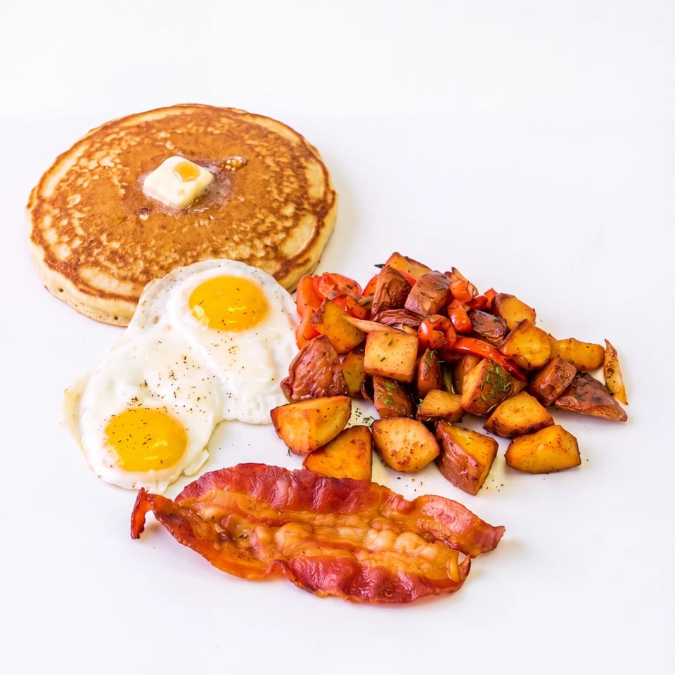 Breakfast plate with pancakes, fried eggs, roasted potatoes and peppers, and crispy bacon on a white background.