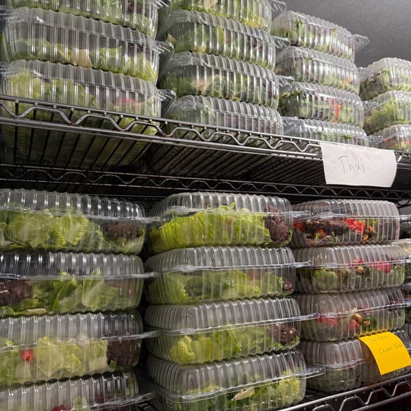 Rows of clear plastic containers filled with fresh salads, stacked on metal shelves.